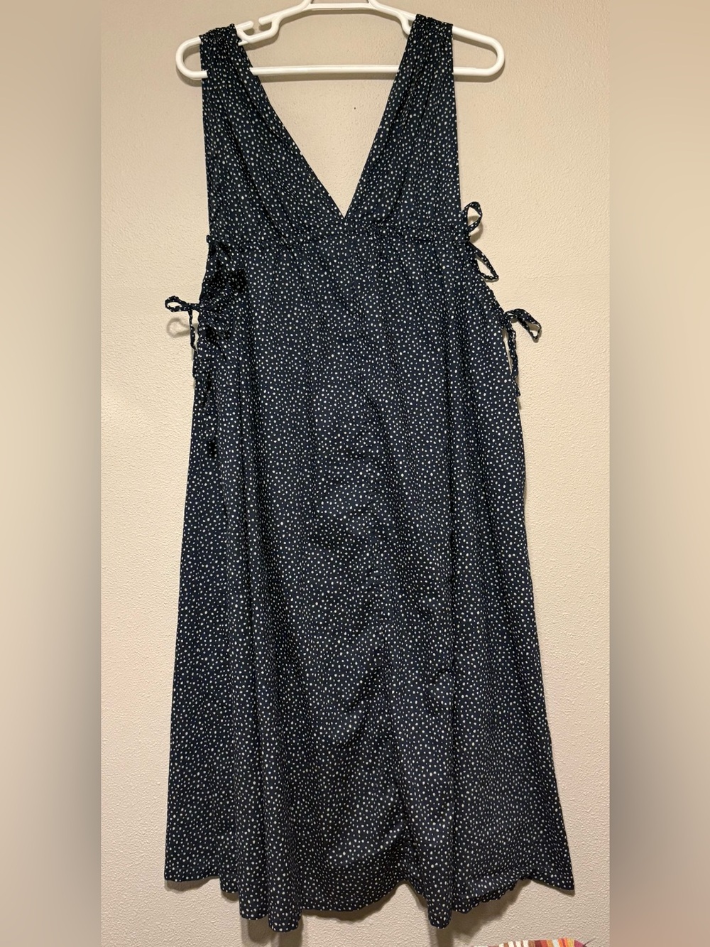 J. Crew Navy Polka Dot Midi Dress with V-Neck and Adjustable Sleeve Ties